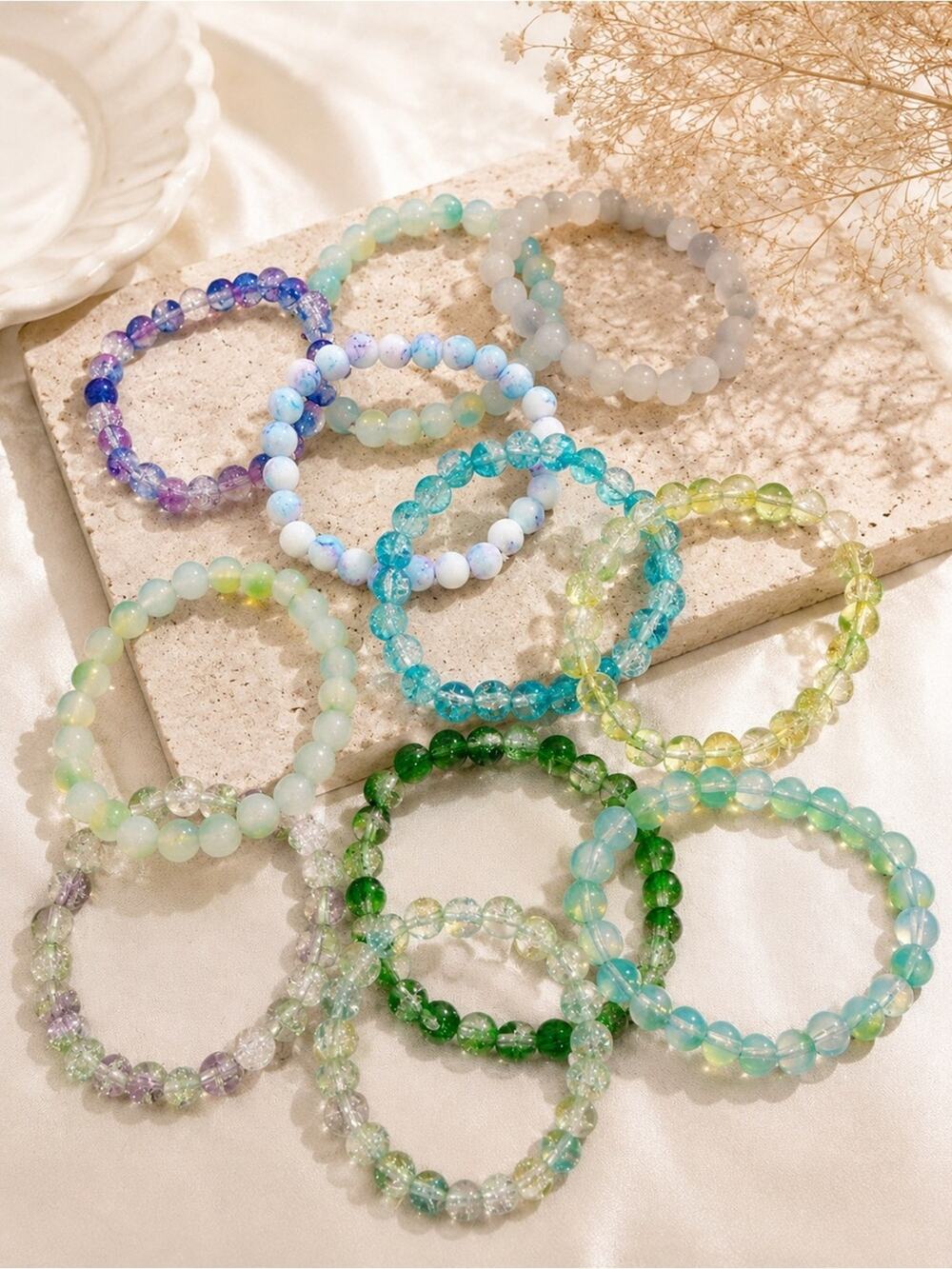 10 piece handmade Multicolor Glass Bead Stretch Bracelet Set blue green cute lot